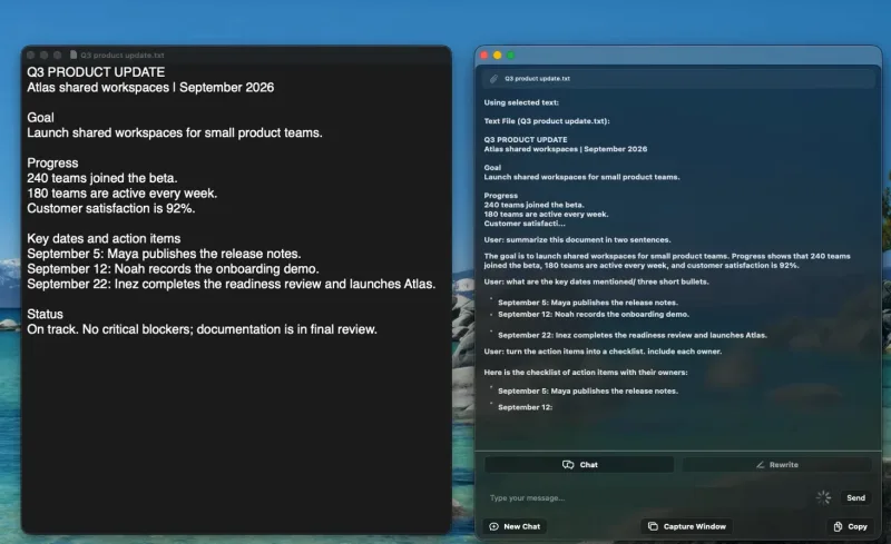 TextEdit with a product update open, and the AI Assistant floating window beside it answering questions about the document.