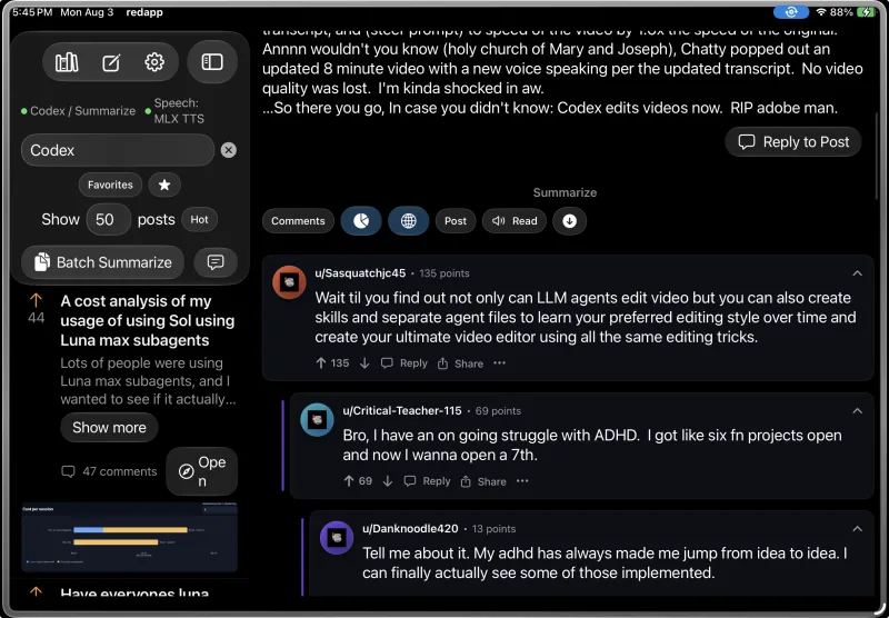 RedSum on iPad showing a populated Reddit discussion with its comments.