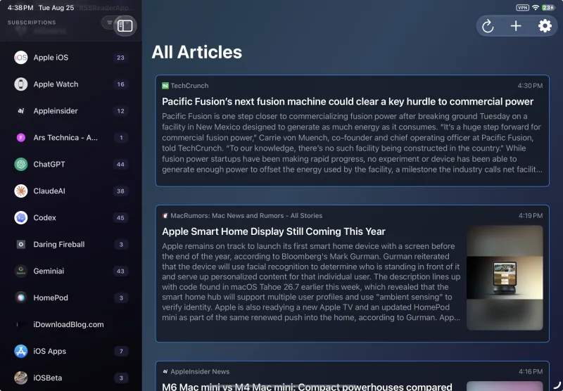 RSSum on iPad: the All Articles view with RSS and Reddit subscriptions in the sidebar.