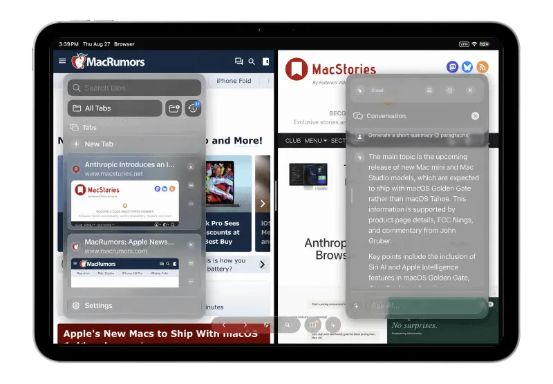 Vortex Browser on iPad with an AI summary conversation and tab controls.