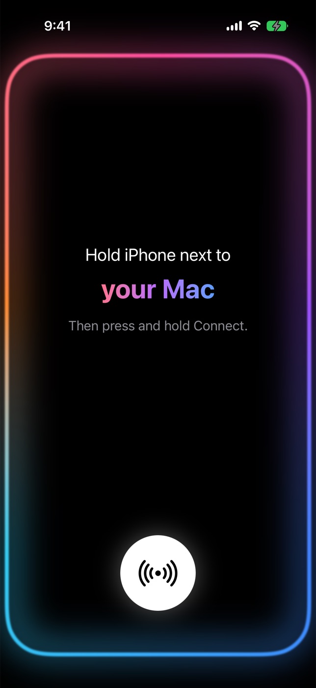 Draggy's pairing screen on iPhone: a glowing rainbow border around the text 'Hold iPhone next to your Mac' and a round Connect button.