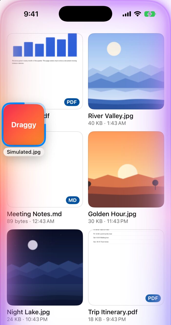 Draggy on iPhone: a grid of files with a rainbow glow around the screen as an incoming file slides in.